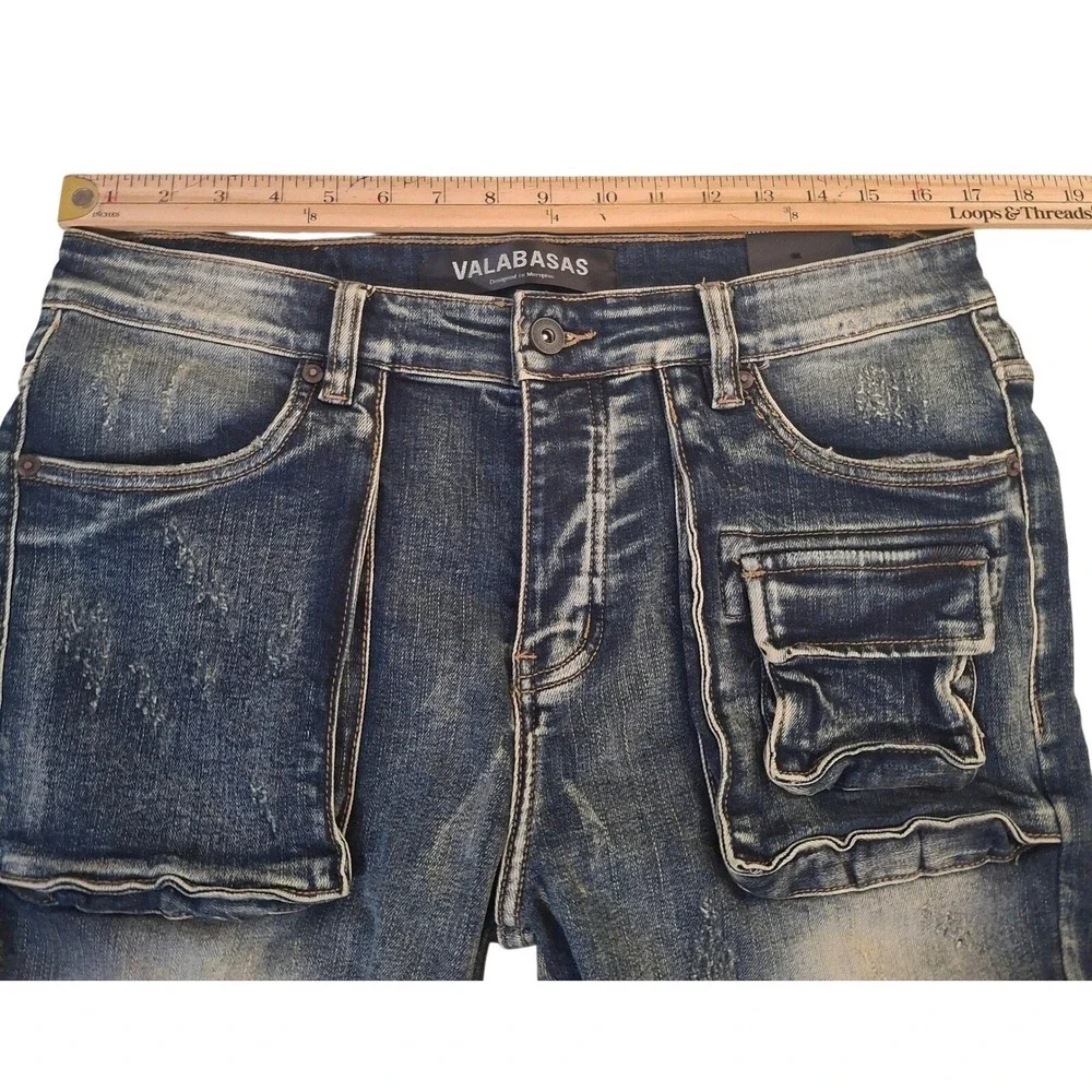 Valabasas Cargo Jeans Mens 34x36 Blue Distressed Stacked Flare Patch Pockets